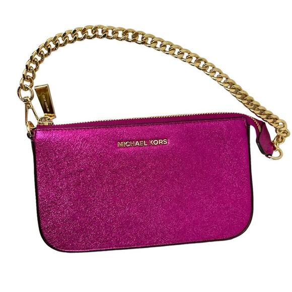 Michael Kors Jet Set Travel Metallic Hot Pink Gold Chain Pochette Bag Purse - Picture 12 of 16